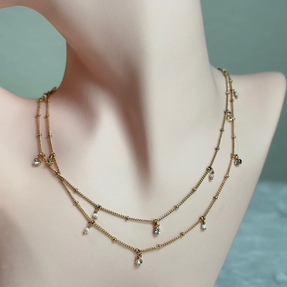 ⚜️💕 Gold Layered Necklace with Crystal Drops